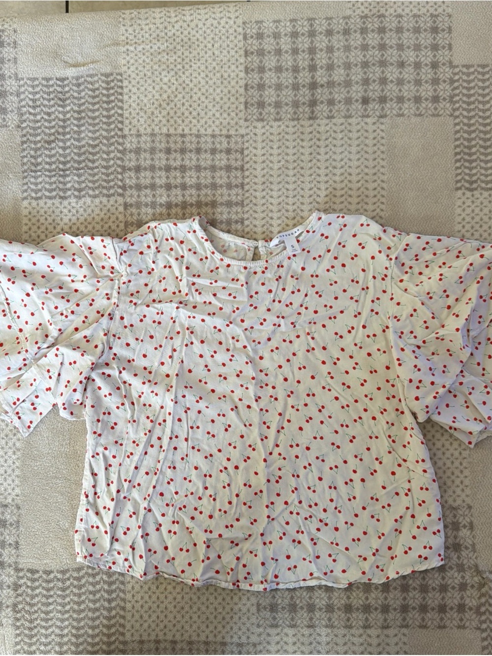 Girls' Cream Cherry Print Top - Lightweight Puff Sleeve Shirt